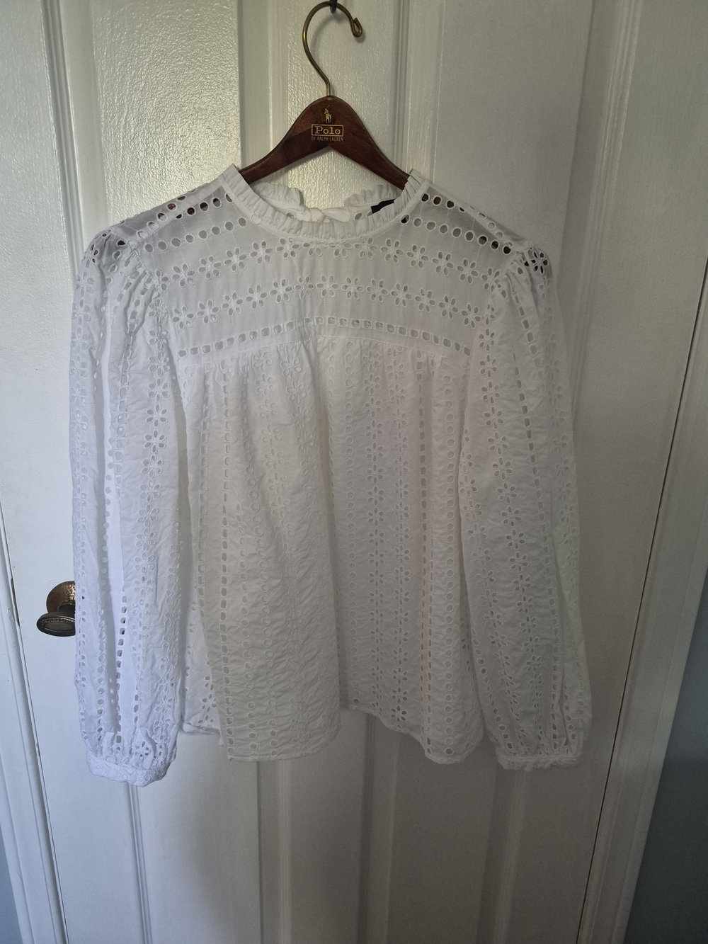 J. Crew White Eyelet Ruffle-Neck Blouse
